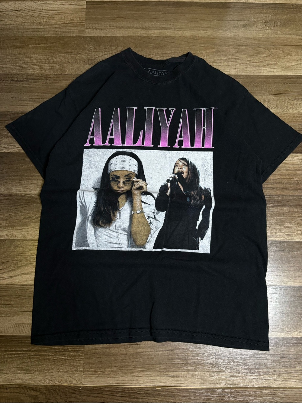 Aaliyah Black Graphic Short Sleeve T-Shirt, 100% Cotton, Size M